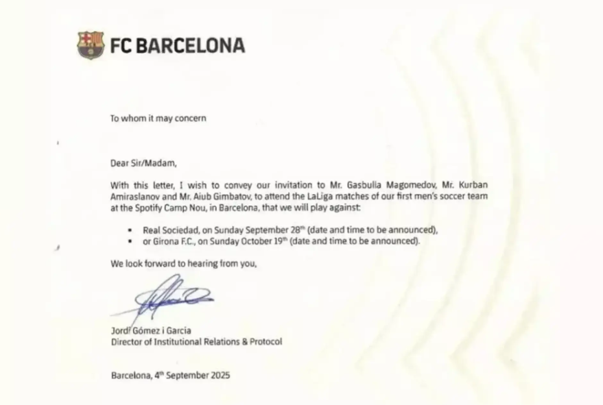Carta del FC Barcelona enviada a Hasbulla como invitación a la apertura del Spotify Camp Nou